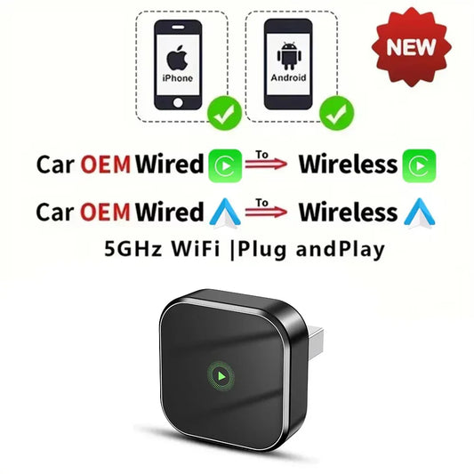 2-in-1 Wireless CarPlay & Android Auto Adapter – 5GHz WiFi Type-C Plug & Play