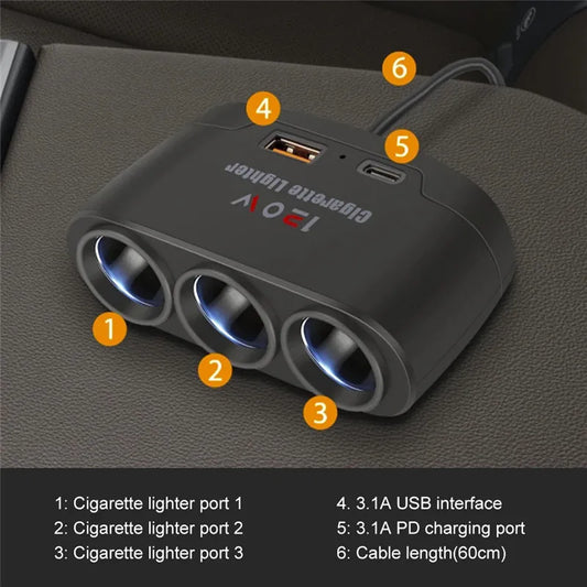 120W 3-in-1 Car Cigarette Lighter Splitter – Dual USB Fast Charger & Power Adapter
